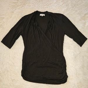 Michael Stars Black V-neck Wrap Look Top Ruched Waist 1/2 Sleeves Size Medium